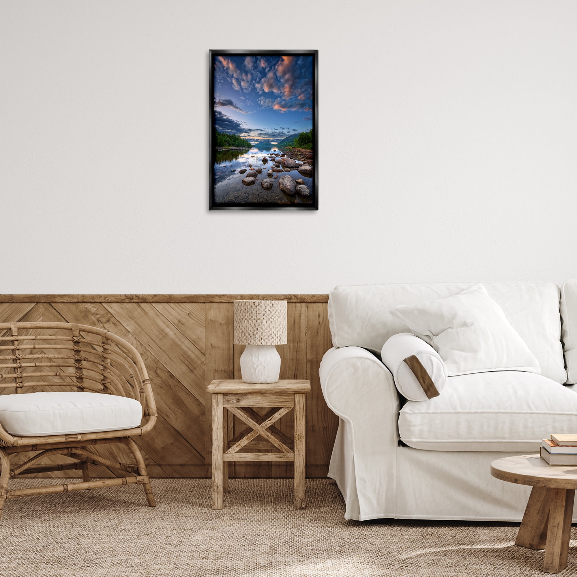 Stupell Industries Rocky Mountainous Shore Landscape & Nature Photography Black Floater Framed Canvas Art Print Wall Art, 17 x 25