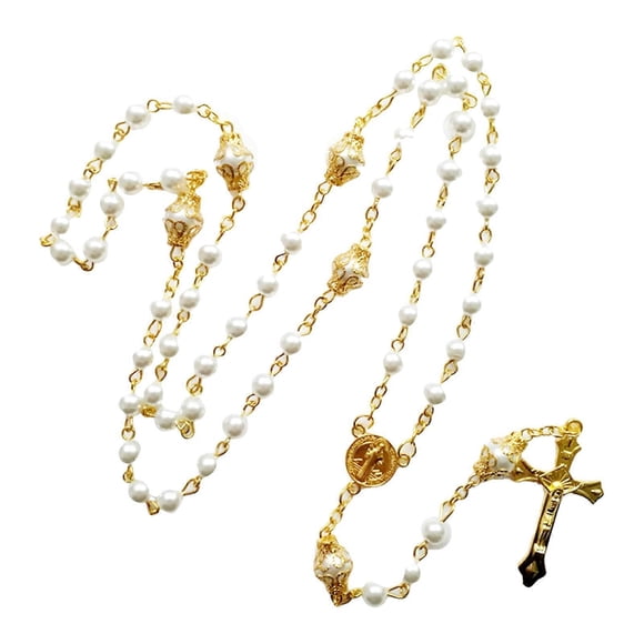 Vintage Pearl Beads Rosary Necklace Jesus Christ Crucifix for Cross Pendant Neck