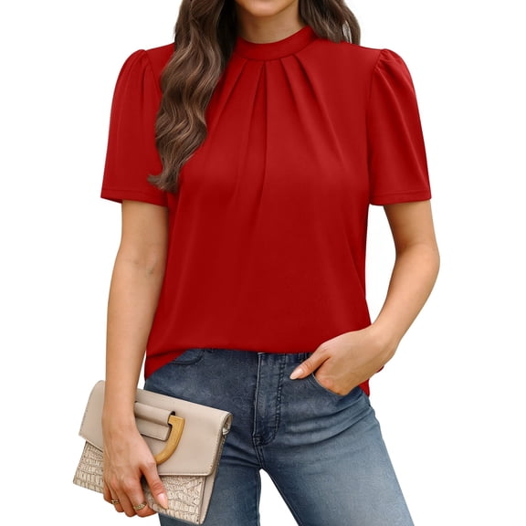 WIHOLL Womens Summer Tops Puff Sleeve Shirts Mock Neck Pleated Business Work Blouses Casual Summer Workout Outfits