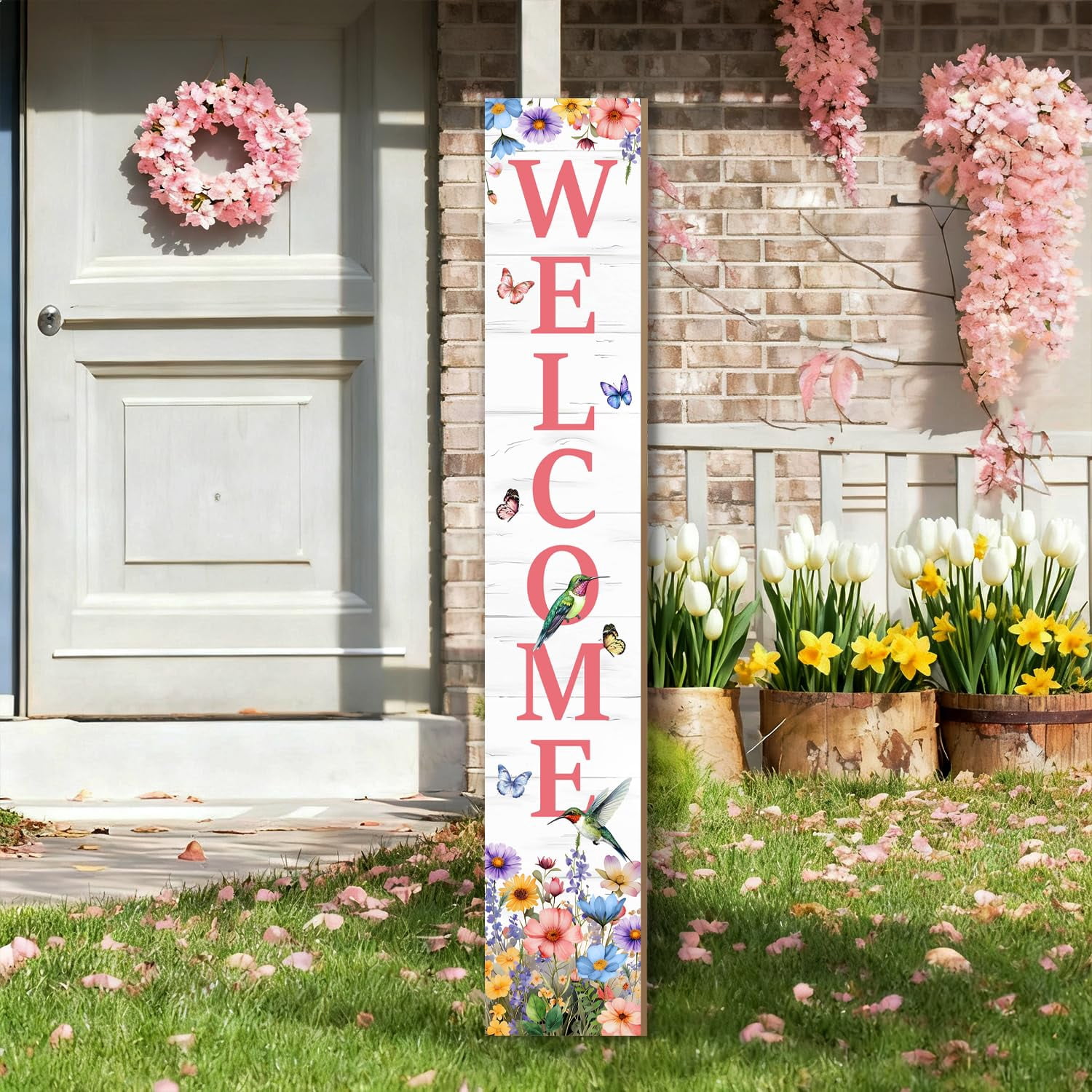 Hummingbird Welcome Sign For Front Door  Spring Porch Tulip Flowers Outdoor Yard Seasonal Tall Floral Wildflowers Wood Garden Patio Wall Home Decor