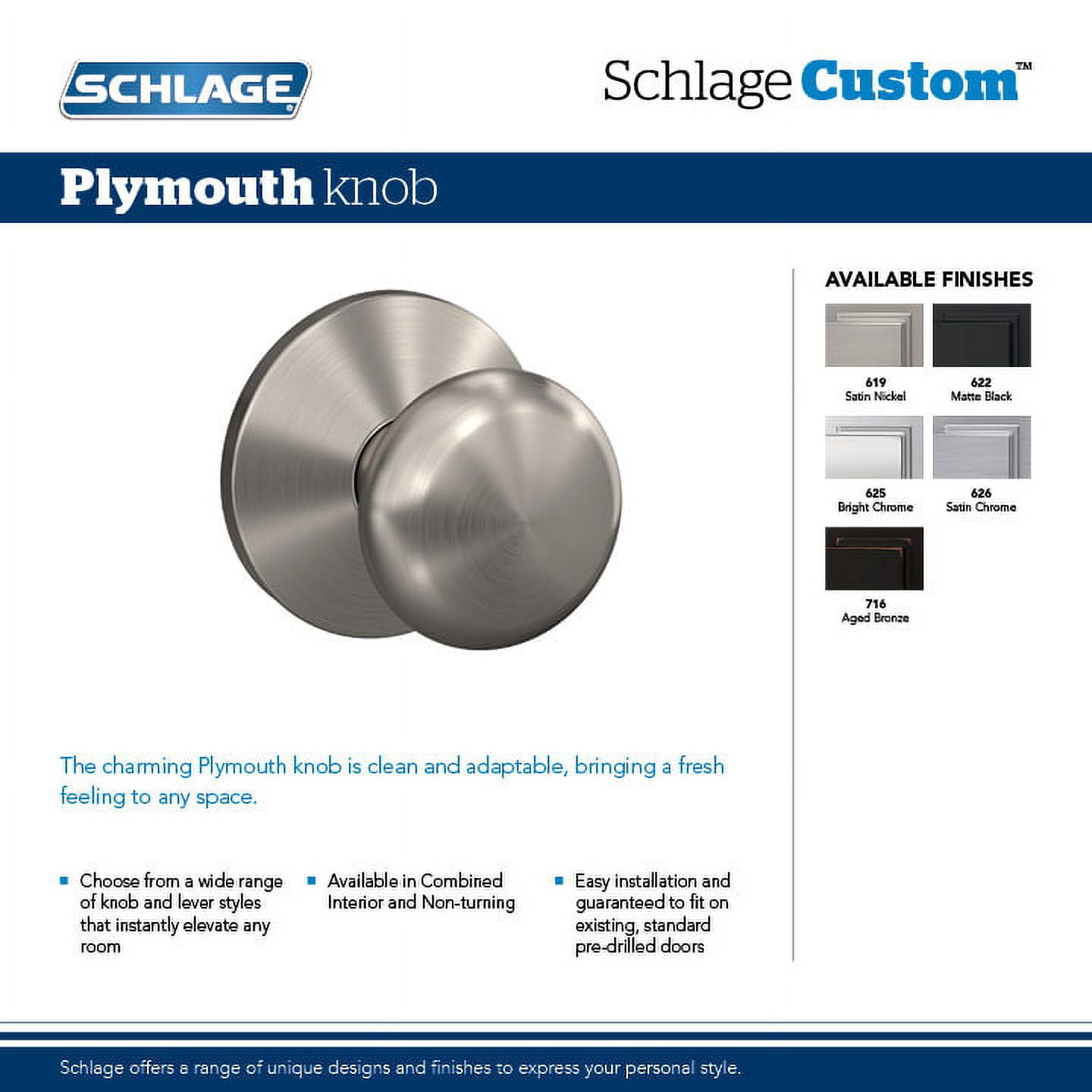Schlage FC21PLY716KIN Custom Plymouth Passage & Privacy Door Knob Set - Bronze