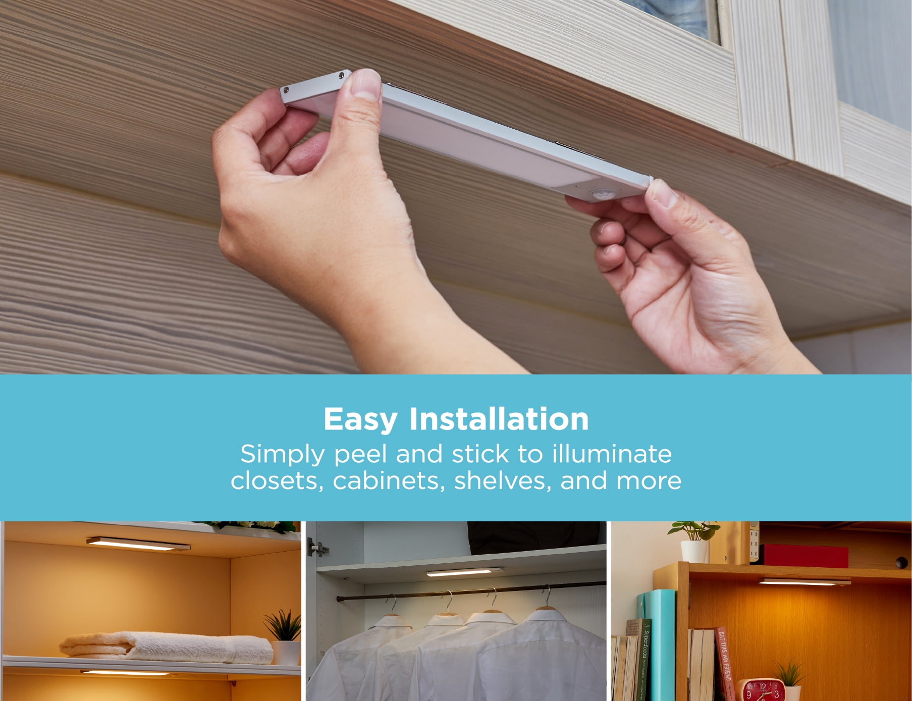 BLACK+DECKER Rechargeable Under Cabinet Lighting, Motion Sensor On/Off, Warm White LED, Stick-On Install for Kitchen & Closets - 2 Light Bars
