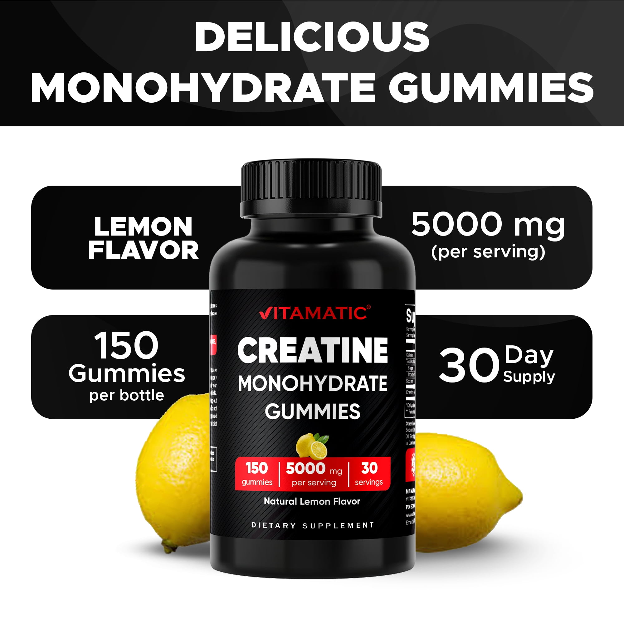 Vitamatic Creatine Gummies 5000mg per Serving Natural Lemon Flavor – 150 Gummies – Creatine Monohydrate for Muscle Strength, Energy & Recovery – Non-GMO, Gluten-Free