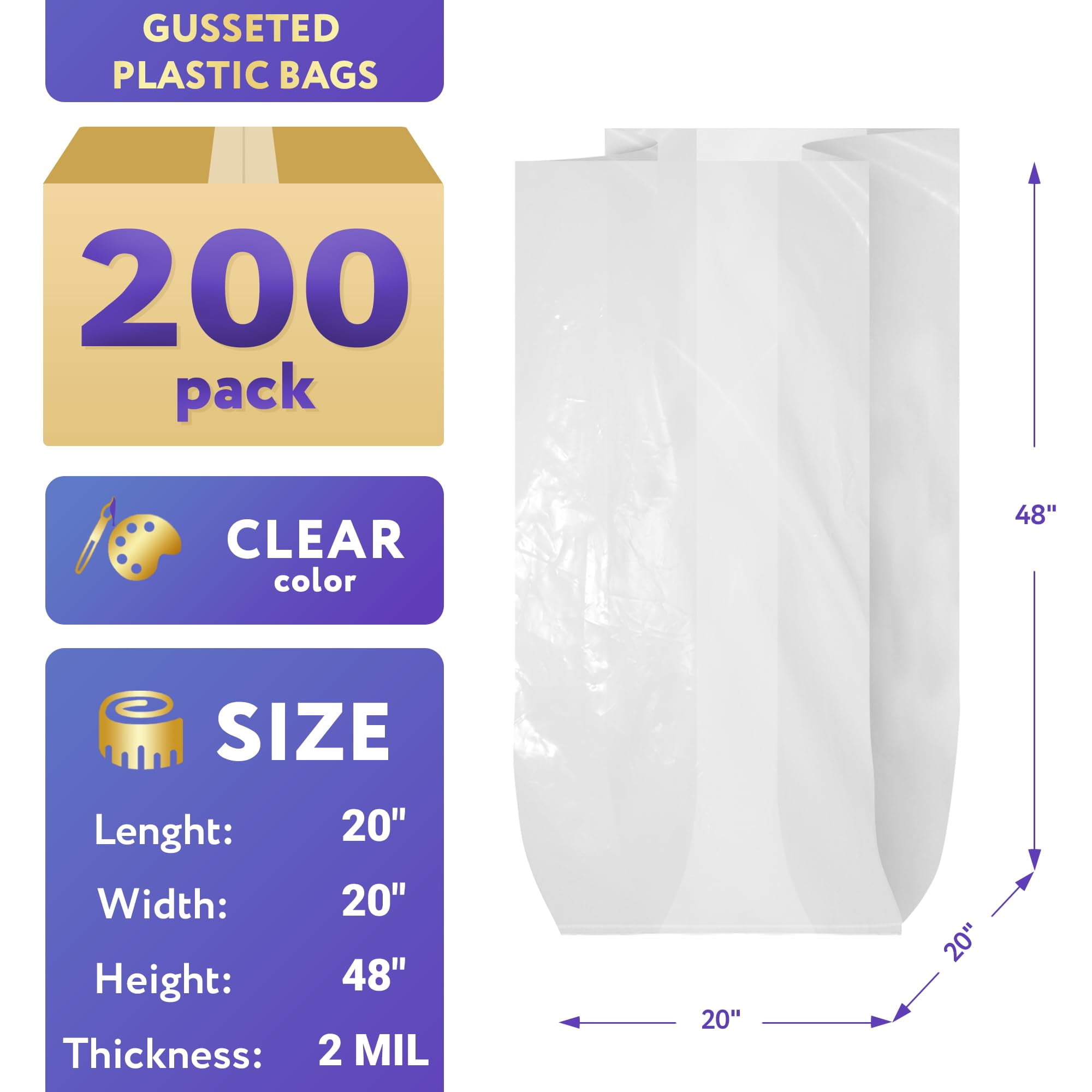 Clear Gusseted Plastic Food Bags, 2 Mil Poly Produce Roll, 200 Count, 20 x 20 x 48 in