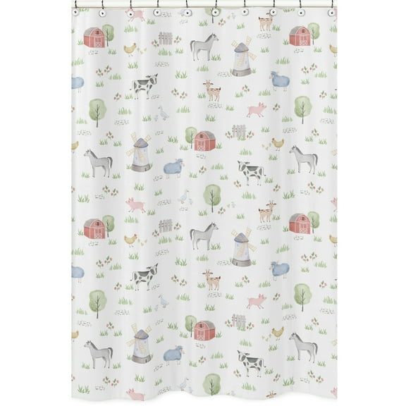 Sweet Jojo Designs Farm Animals Bathroom Fabric Bath Shower Curtain - Watercolor Farmhouse Horse Cow Sheep Pig