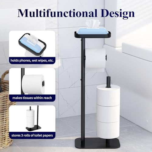 Freestanding Toilet Paper Holder for 4 Rolls with Anti-Slip Base and Storage Shelf, Rustproof Metal Bathroom Organizer for Phone & Essentials, Medium Black