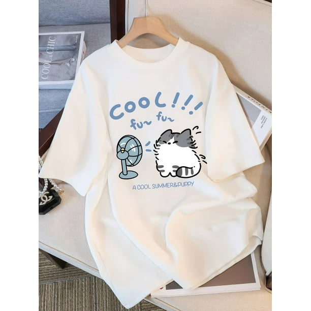 Y2K-Inspired Cute Cartoon Print T-Shirt for Women - Slim Fit, Short Sleeve, Crew Neck, Lightweight & Breathable Summer Top, Breathable Tshirt | Playful Design | Glossy Fabri
