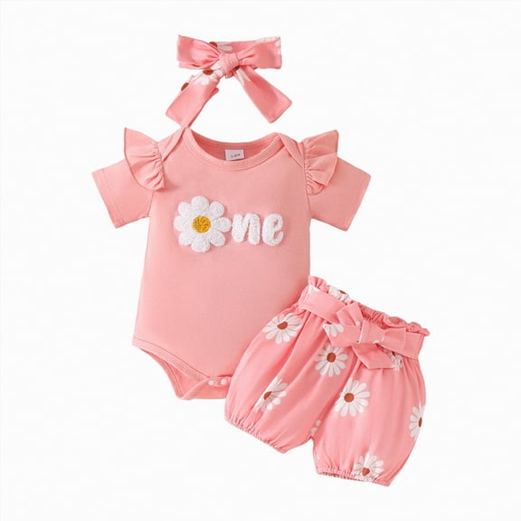 TOWED22 Newborn Baby Girl Summer Shorts Set Little Cutie/Berry Sweet Short Sleeve Romper Orange/Strawberry Shorts Outfit Pink,3-6 M