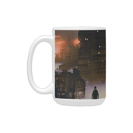 

Fantasy Science Fiction Abandoned City with Robot Walking Futuristic Digital Graphic es Dark Taupe S Ceramic Mug (15 OZ) (Made In USA)