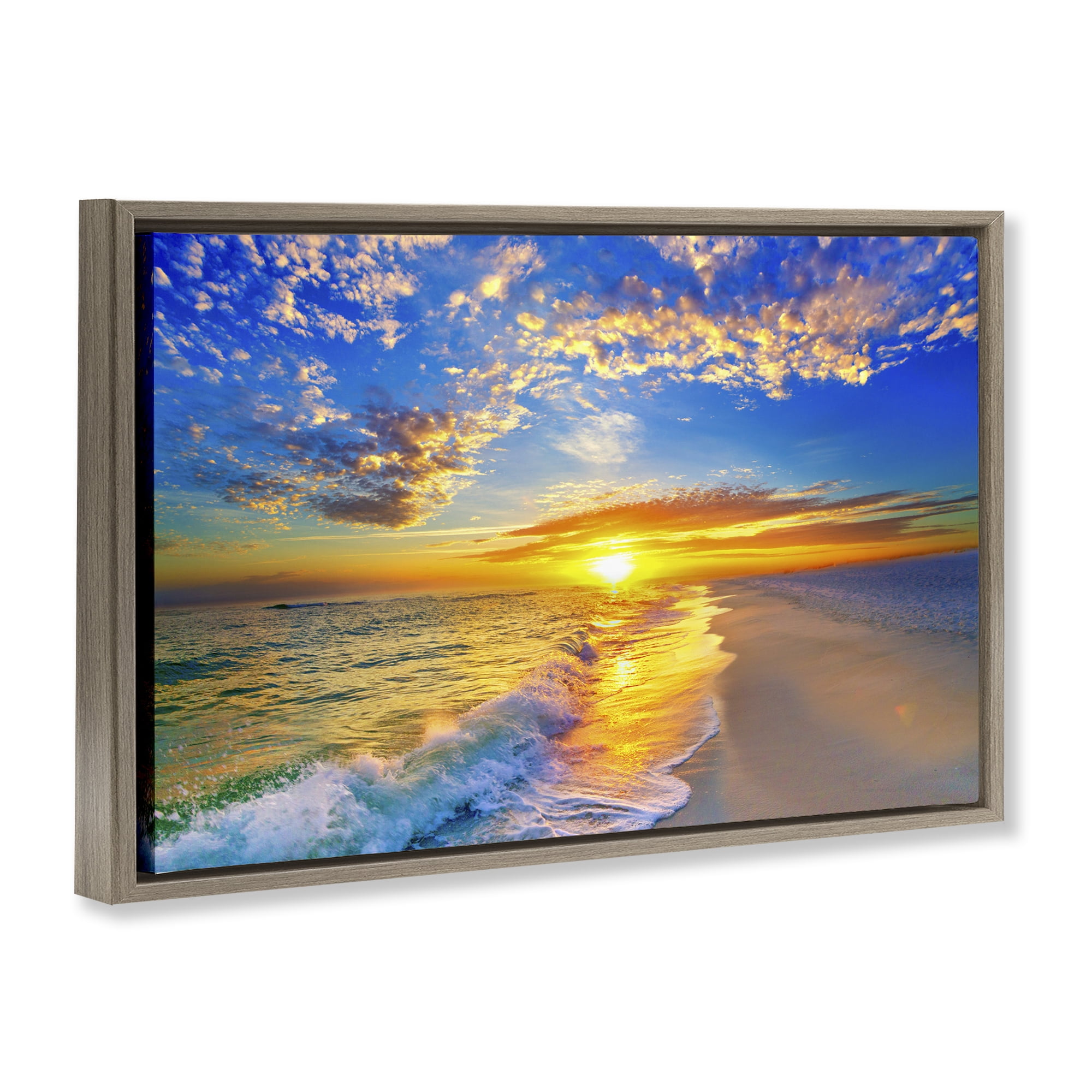 Stupell Industries Golden Sunset Beach Blue Sky Brown Framed Floater Canvas Wall Art, design by Eszra Tanner