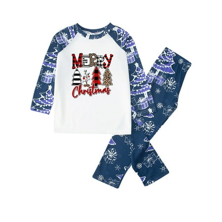 

Honeeladyy Parent-child Warm Christmas Set Printed Home Wear Pajamas Two-piece Kid Set Blue Sales
