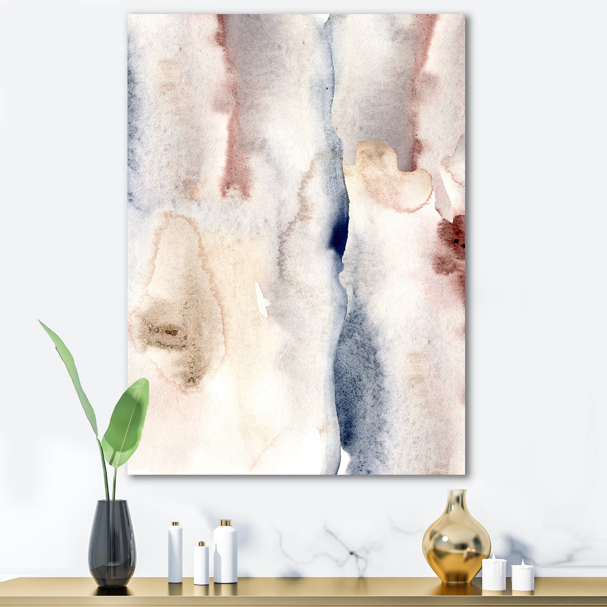 Designart ' Pastel Abstract With Pink Dark Blue and Gray Spots ' Modern Canvas Wall Art Print