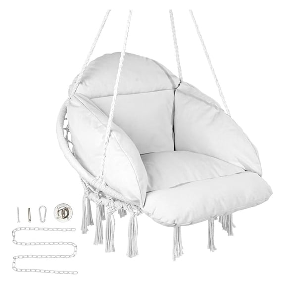 Hanging Hammock Chair, Macramé Hanging Chair with Cushion and Mounting , Cotton Rope Chair for Bedroom, Balcony, Patio, Garden, 264 lbs Capacity, White