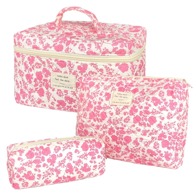 Set de bolsitas de maquillaje WYJ acolchadas de algodón rosa con estampado floral, 3 piezas