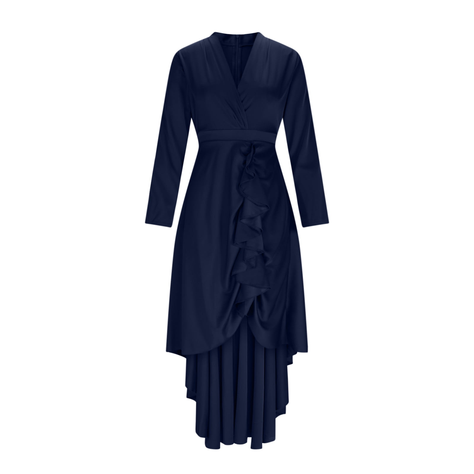 Levmjia Womens Dress V Neck Solid Color Casual Long Sleeve Polyester Ruffle Hem Cinched Waist Flowy Irregular Hem Vacation Party Daily Wear
