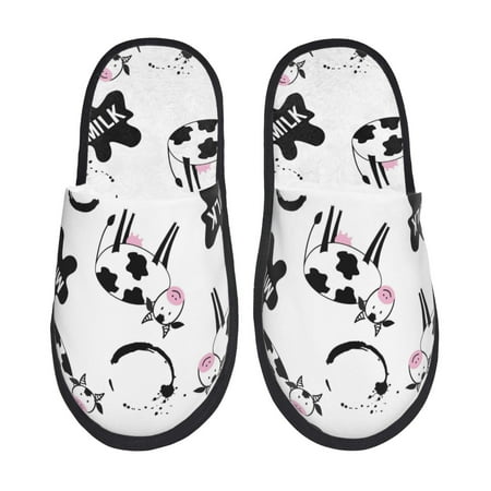 Balery Cute Cow and Milk Stains Slient Indoor Furry Fleece Comfort House Shoes Soft Non-Slip Home Shoes Cotton slippers House Slippers-- Medium