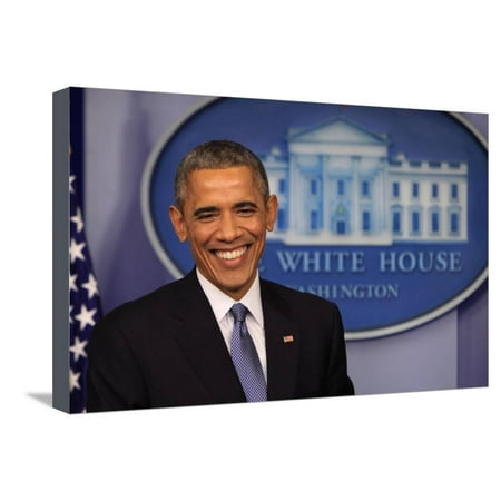 President Barack Obama at a News Conference, Brady Press Briefing Room Stretched Canvas Print Wall Art By Dennis