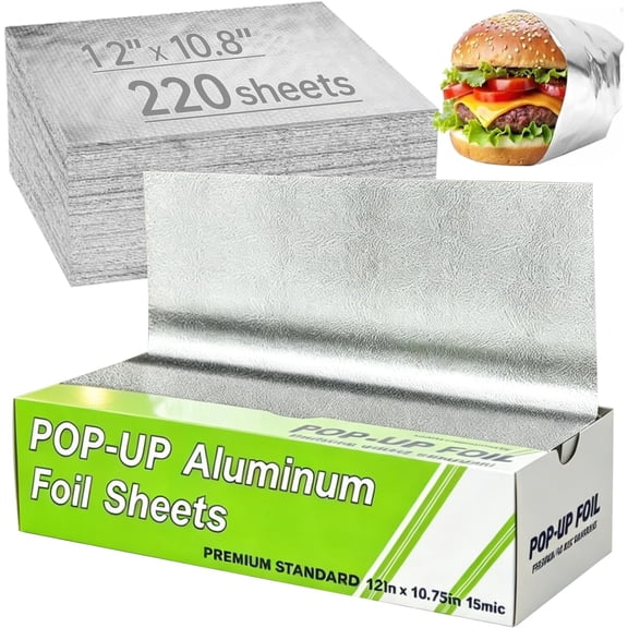 Aluminum Foil Sheets, 220 Count 12" x 10.75" Tin foil Aluminum Wraps Pre-Cut Pop-Up Dispenser for Food Wrap, Hot Dog or Sandwich Wrap, Food Storage, Baking, Kitchen Use