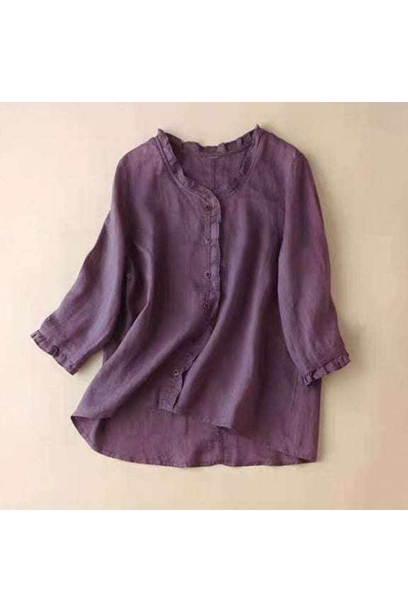 Embroidered Boho Tops for Women Summer Spring Blouses Peasant Tops 3/4 Length Sleeve Shirts Lightweight Pullover Shirt 3/4 Length Sleeve Womens Tops Bohemian Tops Cotton Linen Tops Boho Shirts L