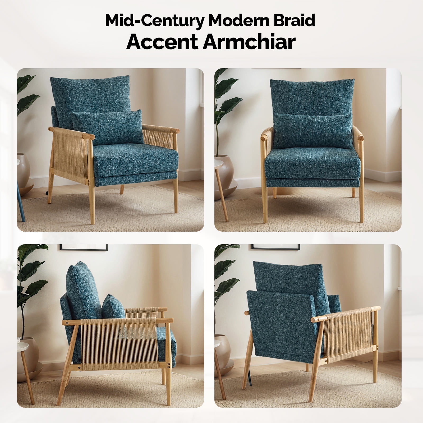 Ktaxon Accent Chair, Solid Wood and Jute Rope Armrests Armchair, Single sofa with Lumbar Pillow for Living Room Bedroom Office Blue-Green