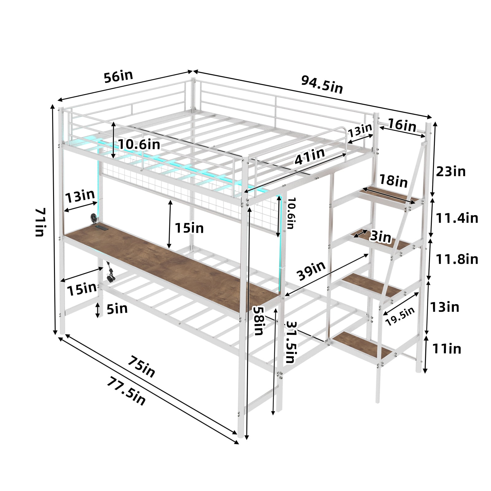 Alvantor Full over Twin Bunk Bed with Desk & LED Lighting, Metal Bunk Bed Frame for Kids/Teens, No Box Spring Needed White