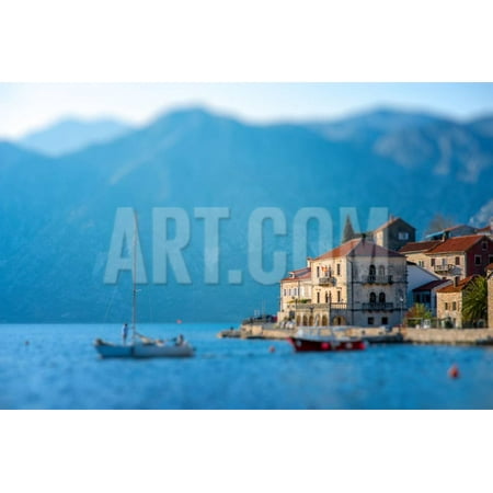 Perast City in Kotor Bay on the Sunset with Beautiful Mountains and Boat Floating in Montenegro Print Wall Art By