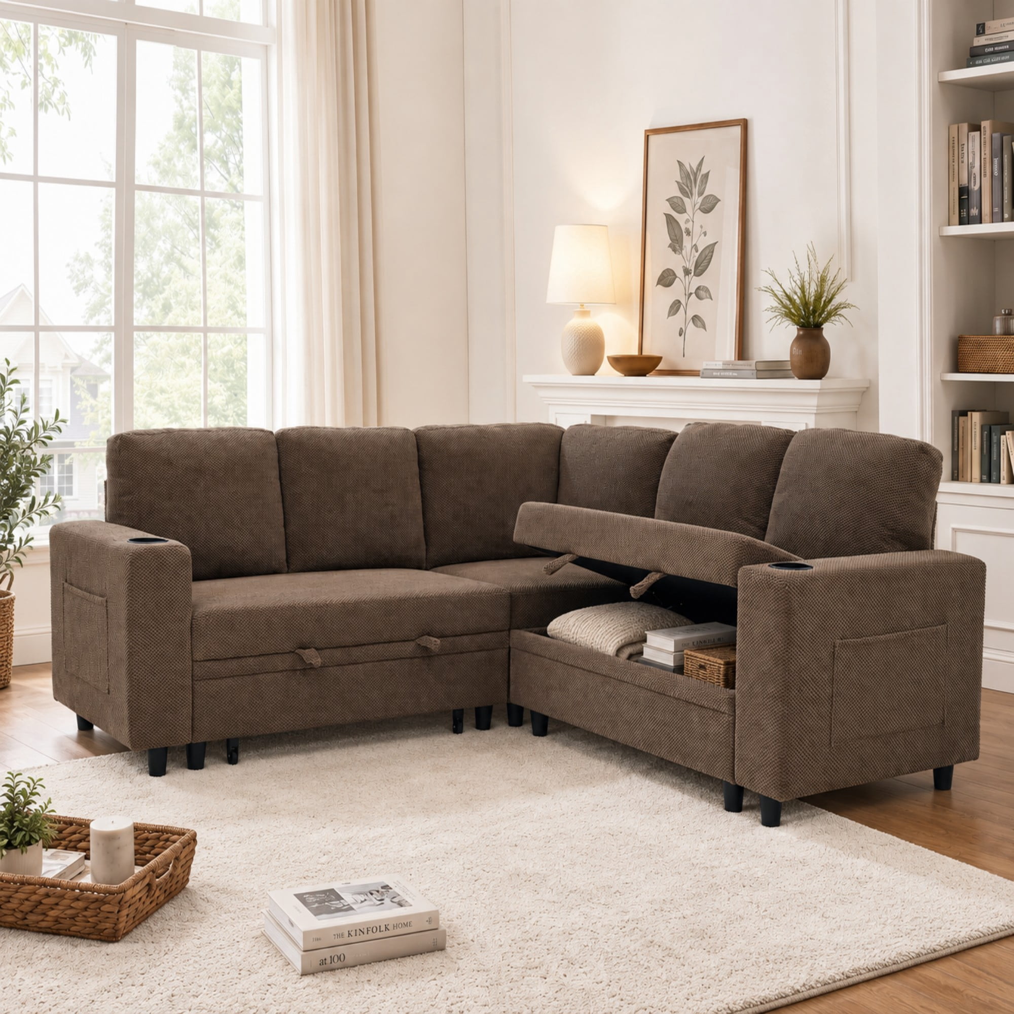 BSHTI 76.5" Polyester L-Shaped Sectional Sofa Bed with Hidden Storage, Cup Holders, Side Pockets, Pull-Out Design for Living Room(Coffee)