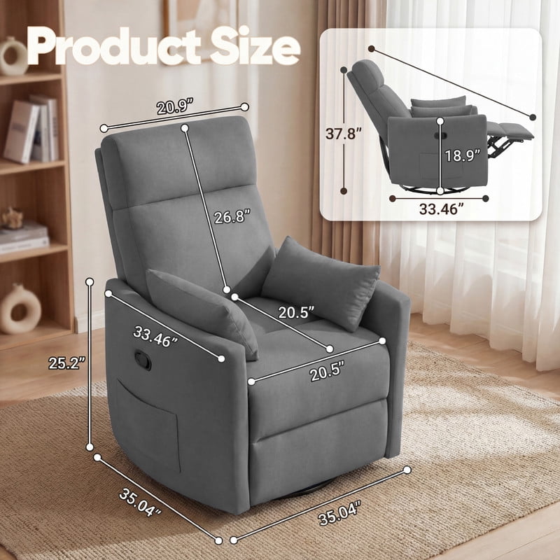 Lacoo 360° Swivel Recliner Chair Oversized Adult Nursery Glider Rocking Recliner Upholstered Electric Recliner Chair with 2 Pillows for Living Room,Linen Gray