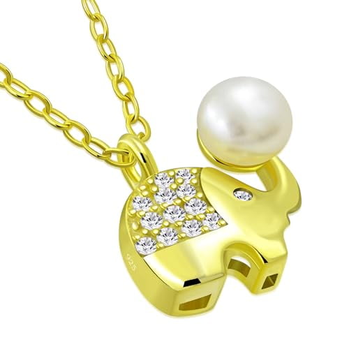 My Daily Styles Adorable 925 Sterling Silver Small Elephant CZ and Simulated Pearl Pendant Necklace - 18" Silver Chain (Yellow)