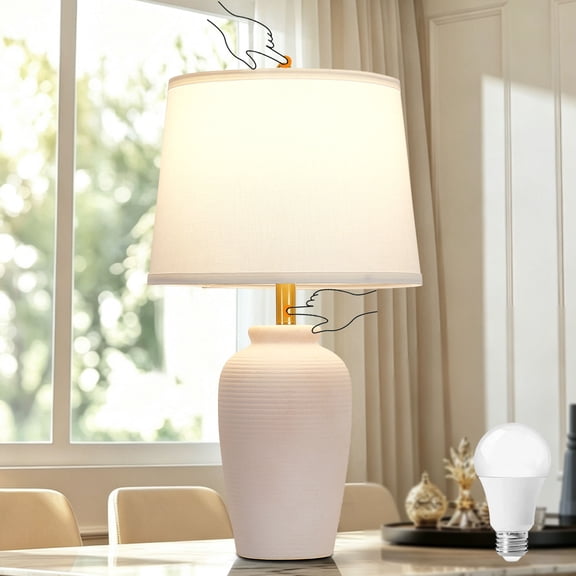 24"Off‑White Neutral Ceramic Table Lamp with Fabric Shade, Bedside Nightstand Lamp for Bedroom, Living Room, Entryway