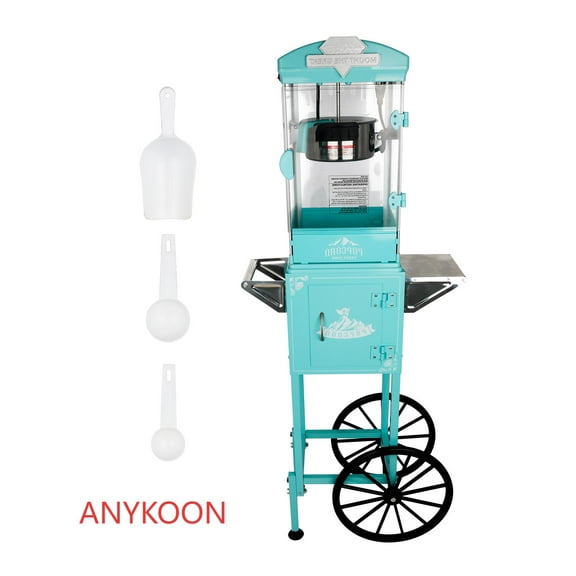 Anykoon 10 Oz Popcorn Machine with Cart ,Wheels & Stainless Steel Kettle Popcorn Maker Measuring 3 plastic spoon for Home, Theater, Party, Cyan