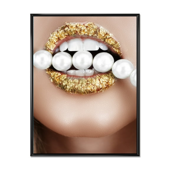 Designart 'Gold Leaf Lips Mouth With Pearls' Modern Framed Canvas Wall Art Print