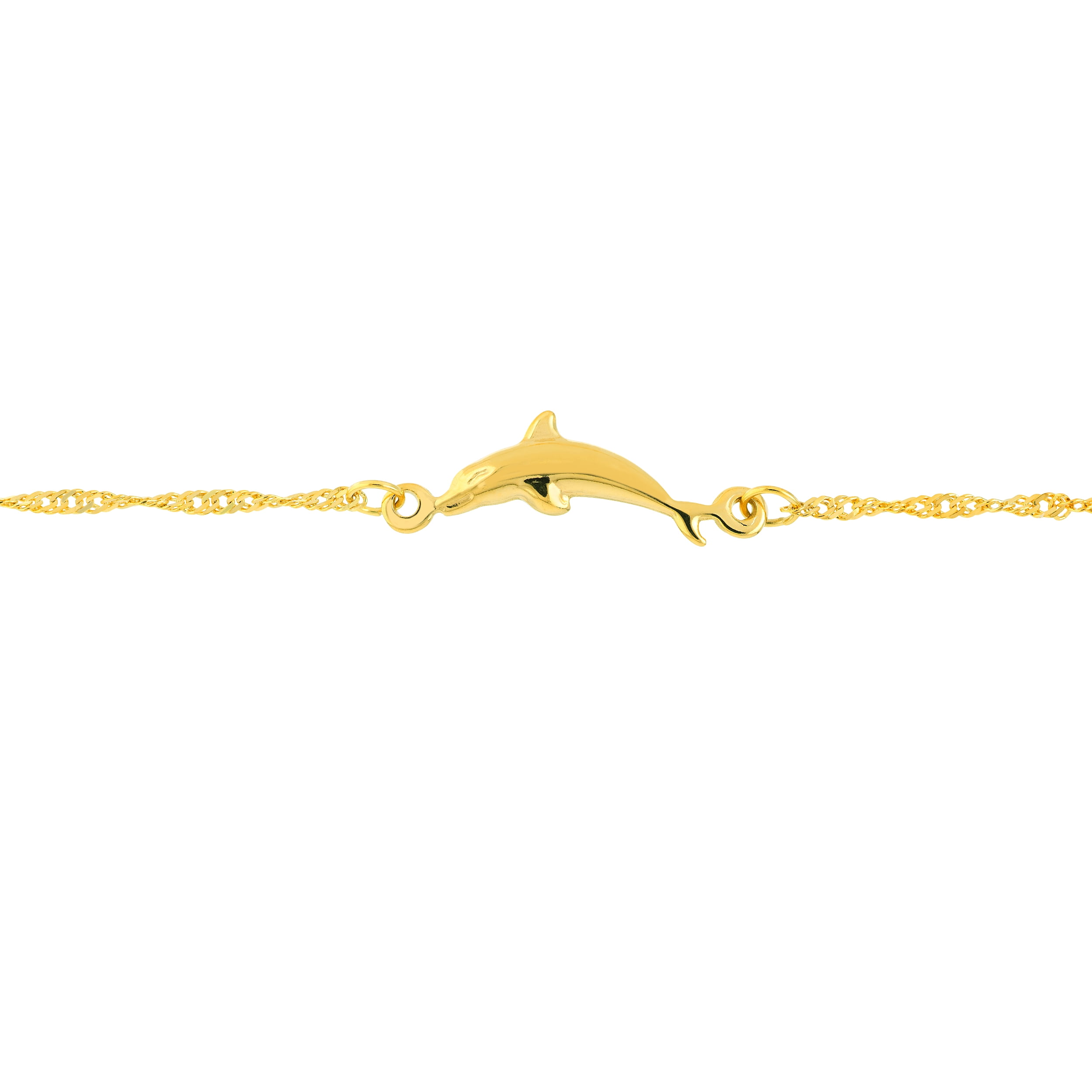14kt Yellow Gold Women's Adjustable 9"- 10" Dolphin Station 20 Gauge Twist Singapore Anklet with Spring Ring Closure