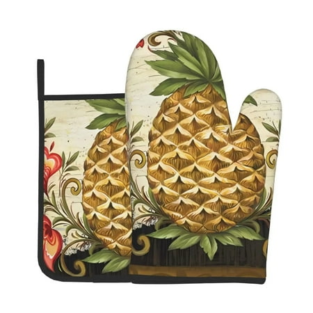 

Pineapple Oven Mitts and Pot Holder Set Cartoon Tropical Fruit Gre Kitch Mitts Heat Resistant Grilling Gloves Non-Slip Pad