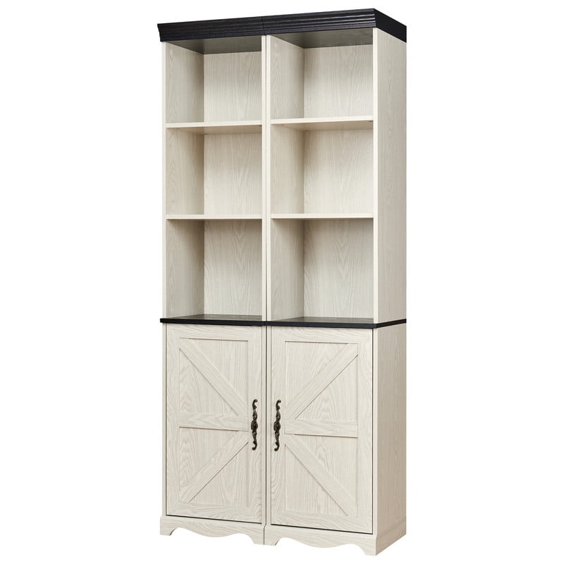Farmhouse Storage Cabinet with Barn Door & Adjustable Shelf, Wood Bookcase for Home Office, Bookshelf with Open Display Cubbies