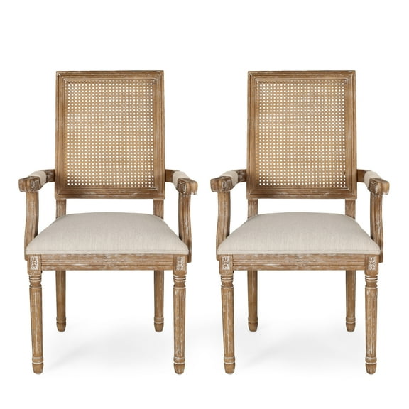GDF Studio Zentner French Country Upholstered Wood and Cane Upholstered Dining Chairs, Set of 2, Beige and Natural