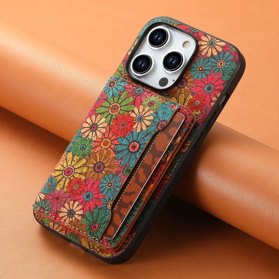 Retro flower figure PU leather phone case for iPhone 16 pro max 15 plus 14 13 12 pro card bag kickstand cover