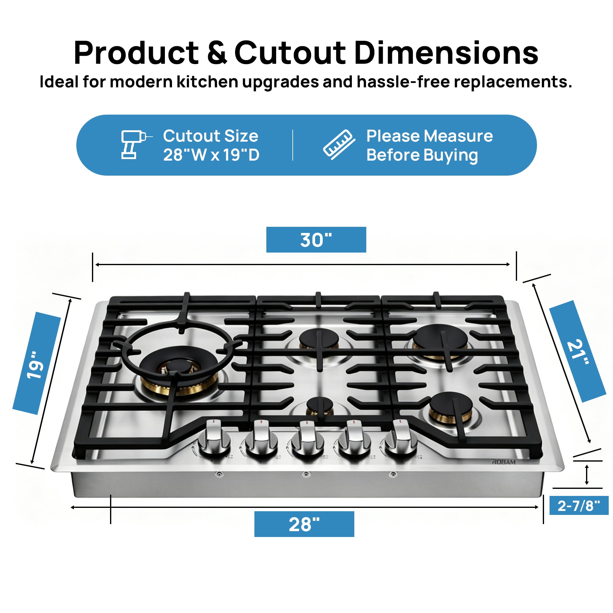 ROBAM 30" Gas Cooktop G513, 5 Made in Italy Brass Burners, 304 Stainless Steel Built-in Gas Stove, 20,000 BTU Dual-Flame Wok Burner, NG/LPG Convertible with Flame Failure Protection