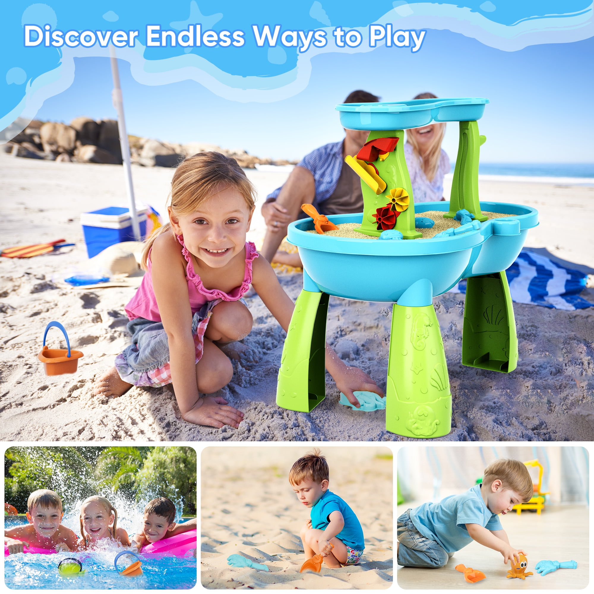 Yexmas Sand Water Table Toys for Toddlers,2-Tier Rain Pond Activity Sensory Play Table Beach Summer Outdoor Toys for Kids Boy Girls