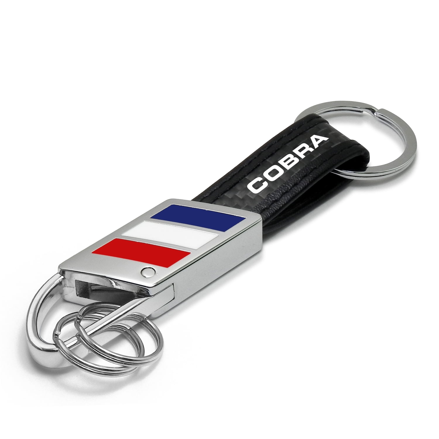 iPick Image for Ford Mustang Cobra Real Carbon Fiber Leather Key Chain with Red White Blue, Official Licensed