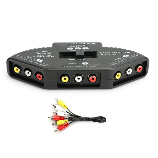 Divisor de audio y vídeo RCA 3 en 1 con selector de interruptor negro y cable AV para DVD, VCD y VCR.