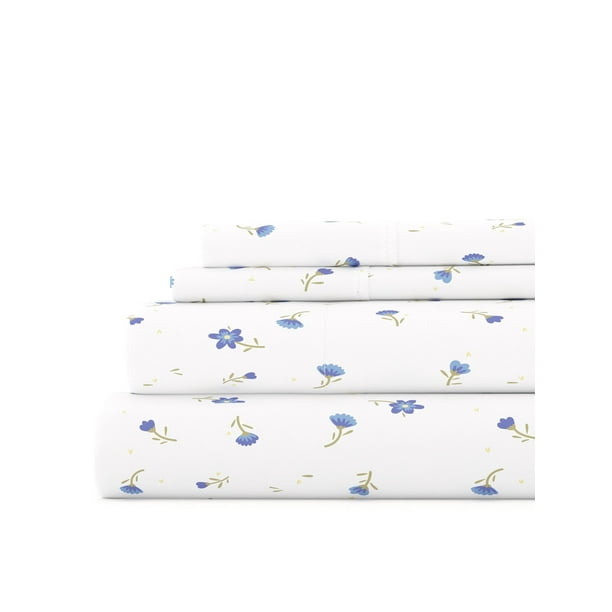 Juego de Sábanas Antiarrugas Ultrasuaves y Transpirables: Estampado Floral de Granja Azul Claro para Ropa de Cama Tamaño King de Comfort Canopy