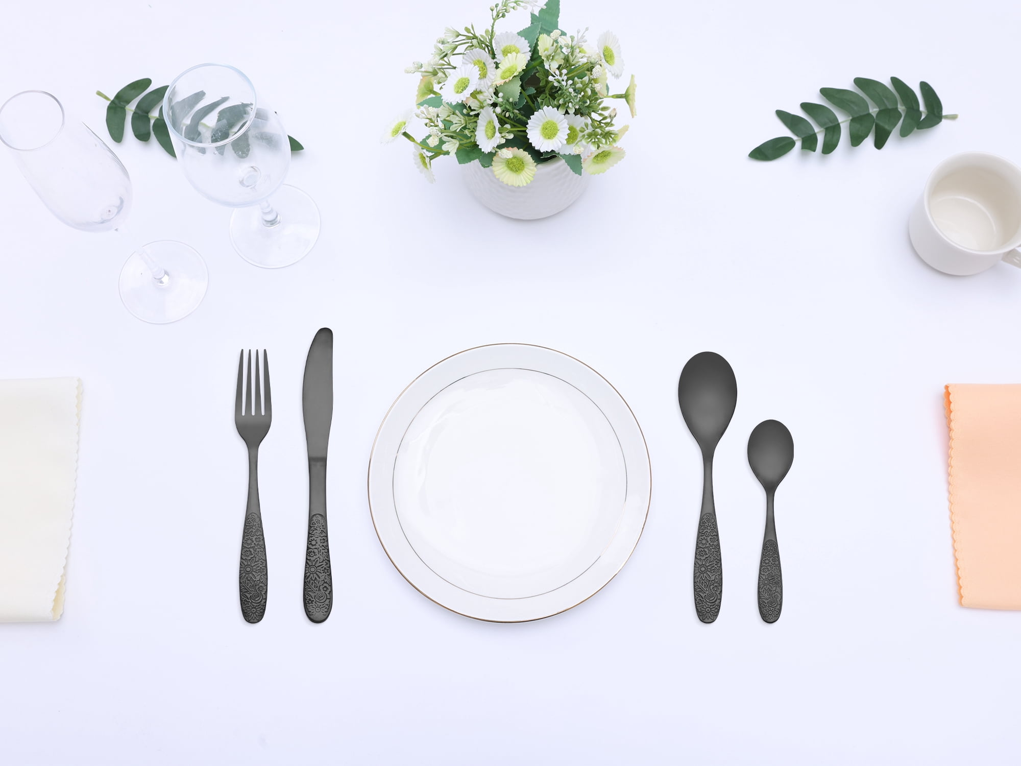 Unique Bargains 4 Piece Stainless Steel Floral Flatware Black 4