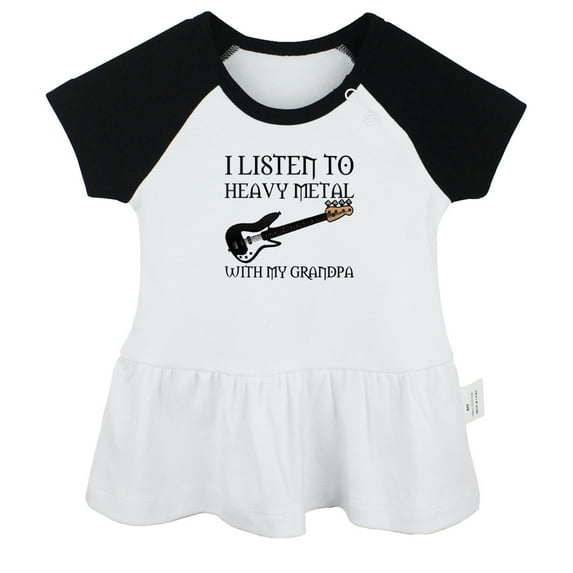 I Listen To Heavy Metal With My Grandpa Novelty Dresses For Baby, Newborn Babies Skirts, Infant Princess Dress, 0-24M Kids Graphic Clothes (Black Raglan Dresses, 6-12 Months)