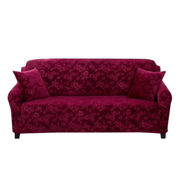 Stretch Velvet Sofa Cover Couch Loveseat Slipcover Home Embossing Flower Nonslip Wine Red Com Stretch Velvet Sofa Cover Couch, Wine Red Sofa Cover