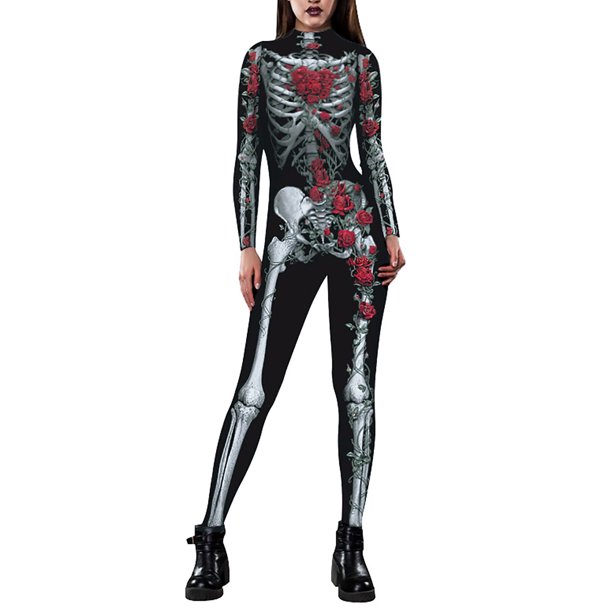 BOSTAE Women Skeleton Robot 3D Printing Bodysuit Zipper Back Halloween