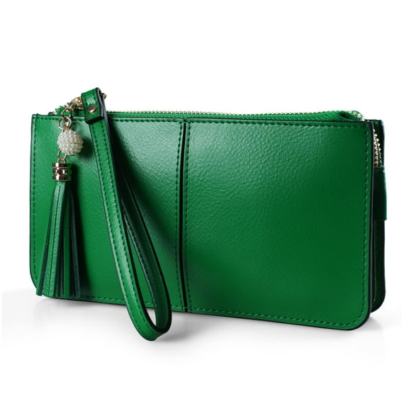 Bolso de mano de pulsera con protección RFID de piel auténtica, color verde