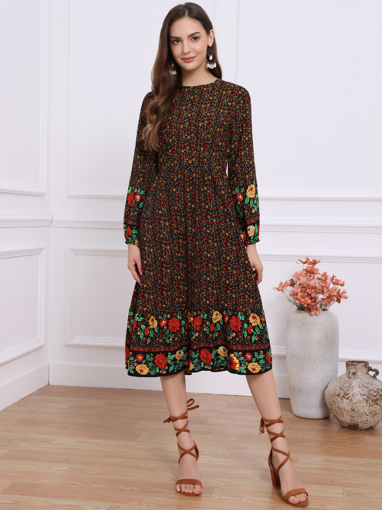 DARING DIVA Women's Boho Floral Long Sleeves Elastic Waist Midi Dresses S Black White