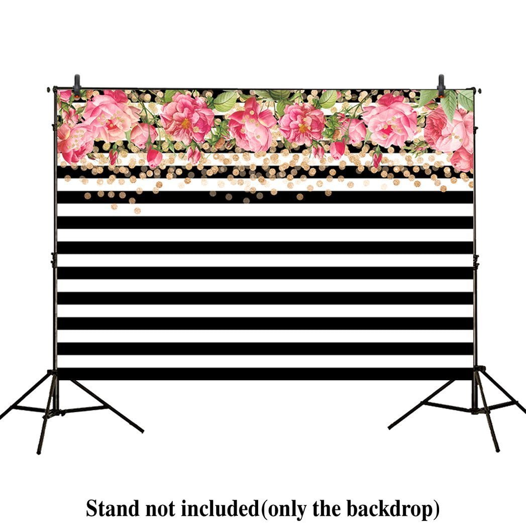 MOHome Polyester Fabric 7x5ft photography backdrops Black and white stripe watercolor pink rose flower Golden Glitter Circles banner Birthday party wedding brid