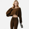 thumbnail image 3 of Women's Cropped Long Sleeve Pullover with Wide Boat Neck - Large, Brown, 3 of 6